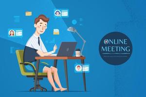 Man attending online meeting at home during COVID-19 outbreak, flat style illustration with blue background vector