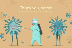 Cute character in protective suit fighting virus and bacteria with disinfectant sprayer, concept of thank you banner for all the hardworking medical workers vector