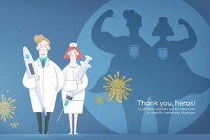 Doctor and nurse holding thermometer and syringe with superhero shadows behind them, thank you poster for all the hardworking medical workers vector