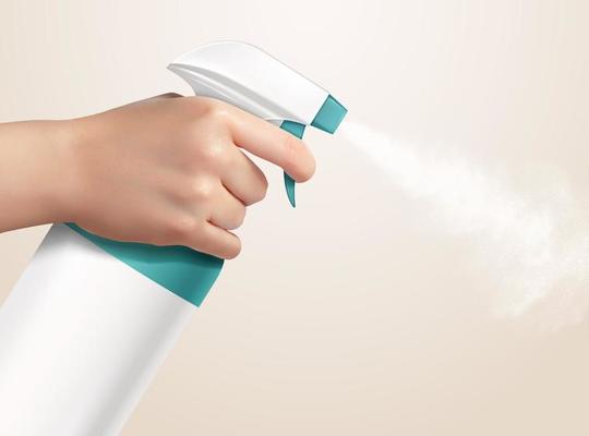 Realistic hand holding blue trigger spray bottle, isolated on light yellow background, 3d illustration