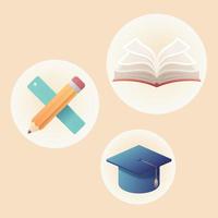 Set of stationery, including book, pencil, ruler and mortarboard, elements for learning and getting diploma vector