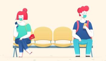 Young man and woman sitting on waiting chairs while keeping social distancing, cute element designed in flat style isolated on beige background vector