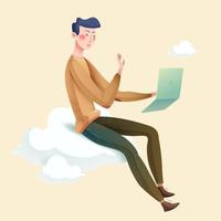 Front side view of an elegant young man sitting on soft cloud and using laptop, isolated on yellow background vector