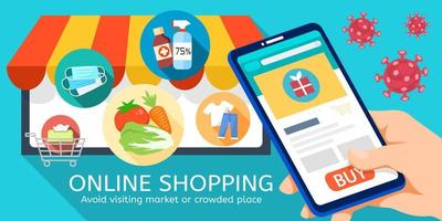 Online shopping flat illustration concept with a hand clicking buy button through smartphone, buy everything online and avoid visiting crowded places during COVID-19 outbreak vector
