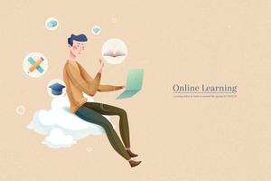 Concept of learning online for better and safer experience, with young student using laptop to gain knowledge through internet vector