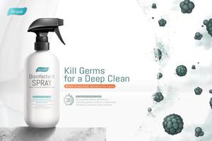 3d illustration of disinfectant spray ad template, realistic bottle mock-up set on marble table with shield protecting against bad germs vector