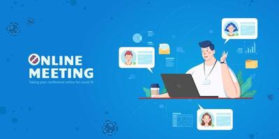 Man attending online meeting at home during COVID-19 outbreak, flat style banner with blue background vector
