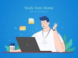 hombre trabajos desde hogar con su ordenador portátil durante coronavirus brote, plano estilo ilustración en azul antecedentes vector
