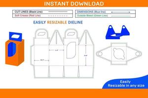 Cupcake box with insert display and handle dieline template and 3D box Box dieline and 3D box vector