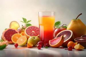 Fresco frutas jugo en increíble ligero fondo, sano bebida Rico en vitaminas creado generativo ai foto