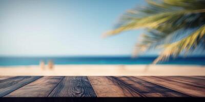 Empty wooden table with tropical beach of summer background, Free space for product display. photo