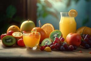 Fresco frutas jugo en increíble ligero fondo, sano bebida Rico en vitaminas creado generativo ai foto