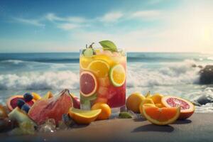 Fresh fruits juice on sea and beach background, Healthy summer beverage rich in vitamins. Created photo