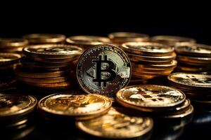 Crypto currency golden bitcoin background, Financial investment concept. photo