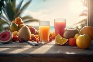 Fresco frutas jugo en mar y playa fondo, sano verano bebida Rico en vitaminas creado generativo ai foto