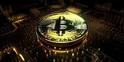 Crypto currency golden bitcoin background, Financial investment concept. photo