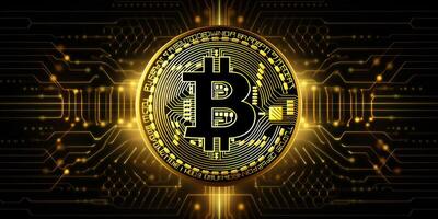 Crypto currency golden bitcoin background, Digital financial investment concept. photo