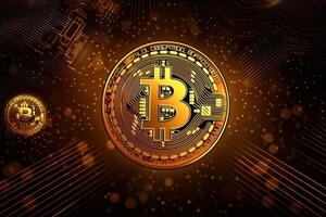 Crypto currency golden bitcoin background, Digital financial investment concept. photo