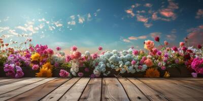 Empty wooden table with flowers field background, Desk of free space for product display. Created photo