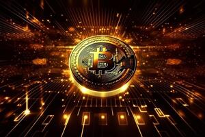 Crypto currency golden bitcoin background, Digital financial investment concept. photo