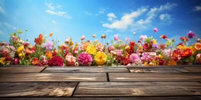 Empty wooden table with flowers field background, Desk of free space for product display. Created photo