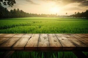 vacío de madera mesa en verde naturaleza fondo, escritorio de gratis espacio para producto mostrar. creado generativo ai foto