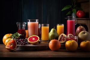 Fresco frutas jugo en oscuro fondo, sano bebida Rico en vitaminas creado generativo ai foto