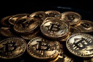 Crypto currency golden bitcoin background, Financial investment concept. photo