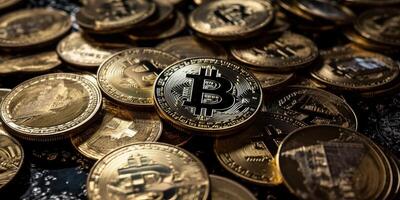 cripto moneda dorado bitcoin fondo, digital financiero inversión concepto. generativo ai foto