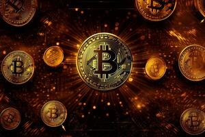 Crypto currency golden bitcoin background, Digital financial investment concept. photo