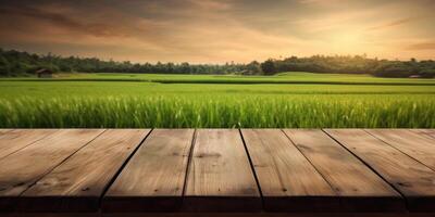 Empty wooden table om sea background, Desk of free space for product display. Created photo