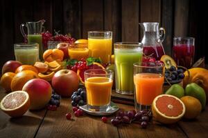 Fresco frutas jugo en oscuro fondo, sano bebida Rico en vitaminas creado generativo ai foto