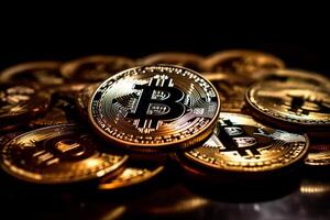 cripto moneda dorado bitcoin fondo, financiero inversión concepto. generativo ai foto