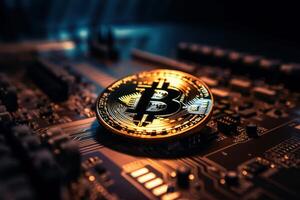 Golden bitcoin with computer circuit background, Crypto currency investment concept. photo