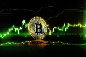 Bitcoin with green graph on computer screen background, Crypto currency trading. photo