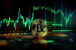 Bitcoin with green graph on computer screen background, Crypto currency trading. photo