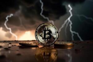 Bitcoin with thunder storm background, Crypto currency investment concept. photo