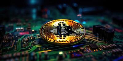 dorado bitcoin con computadora circuito fondo, cripto moneda inversión concepto. generativo ai foto