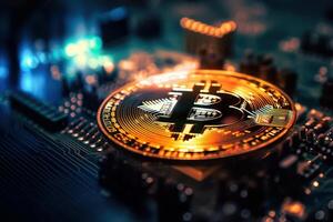 Golden bitcoin with computer circuit background, Crypto currency investment concept. photo