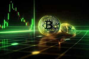 Bitcoin with green graph on computer screen background, Crypto currency trading. photo