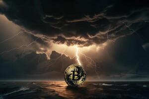 Bitcoin with thunder storm background, Crypto currency investment concept. photo