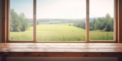 Empty wooden table with nature view out of window background, Free space for product display. photo