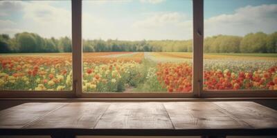 vacío de madera mesa con naturaleza ver fuera de ventana fondo, gratis espacio para producto mostrar. generativo ai foto