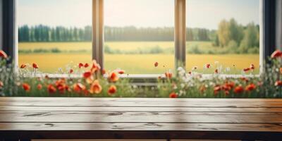 Empty wooden table with nature view out of window background, Free space for product display. photo