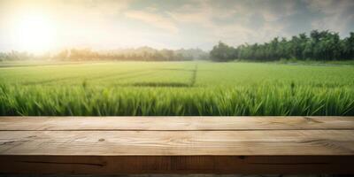 Empty wooden table on green nature background, Desk of free space for product display. Created photo