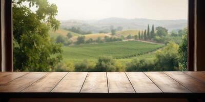 Empty wooden table with nature view out of window background, Free space for product display. photo
