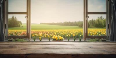 Empty wooden table with nature view out of window background, Free space for product display. photo