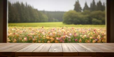 Empty wooden table with nature view out of window background, Free space for product display. photo