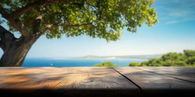 Empty wooden table on sea background, Desk of free space for product display. Created photo