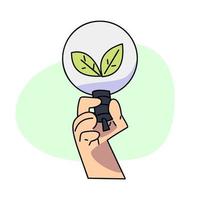 Vintage happy cute Earth planet character mascot with a light bulb inside which a leaf forms a heart and is held in a hand. Vector illustration